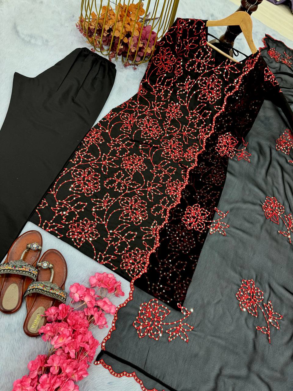Roman Silk Embroidered Suit with Cutwork Dupatta