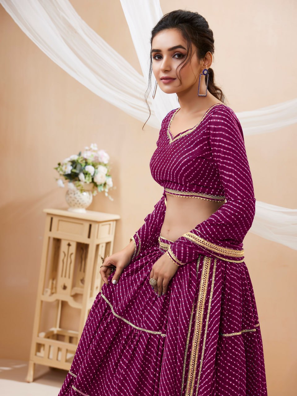 Semi-Stitched Georgette Lehenga Set with Blooming Leheriya Print