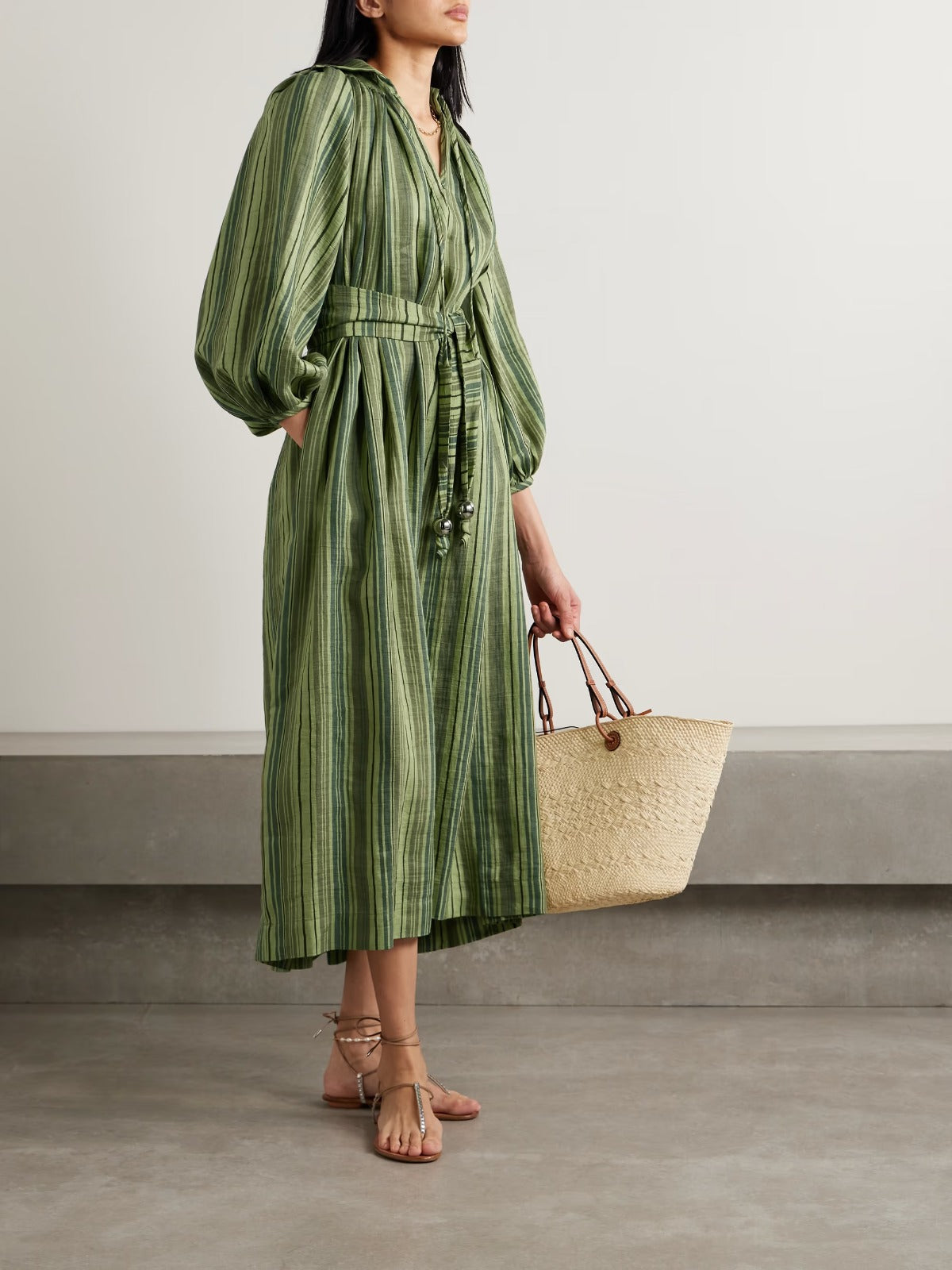 Bohemian Green Striped Midi Dress