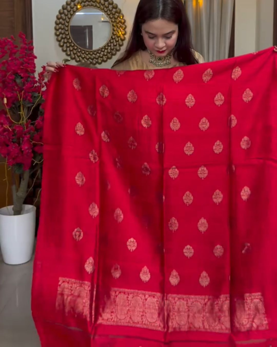 Red Cotton Jari Suit