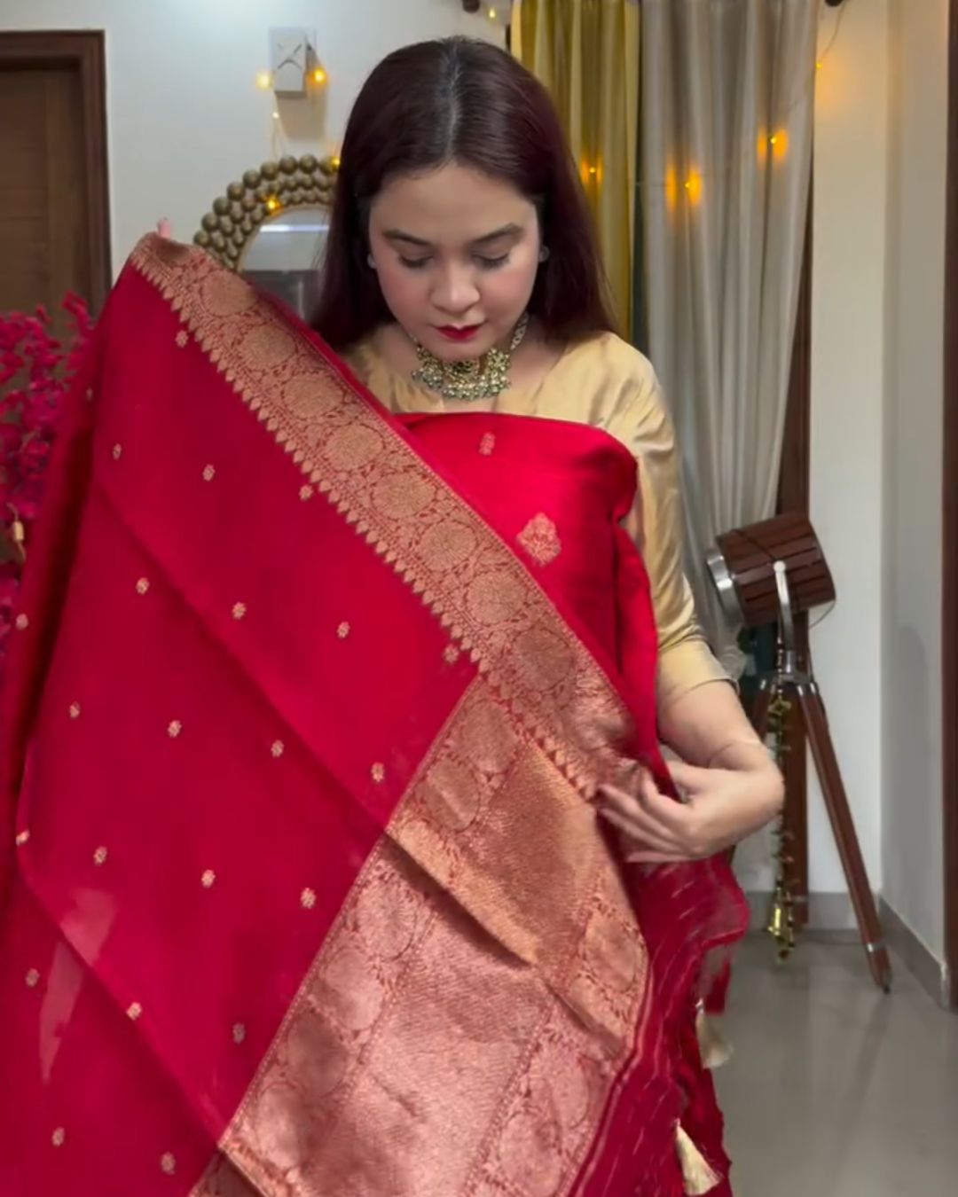 Red Cotton Jari Suit