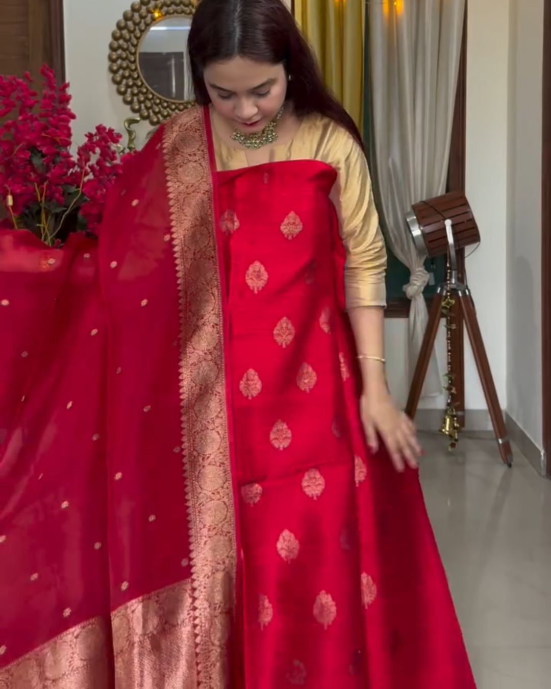Red Cotton Jari Suit