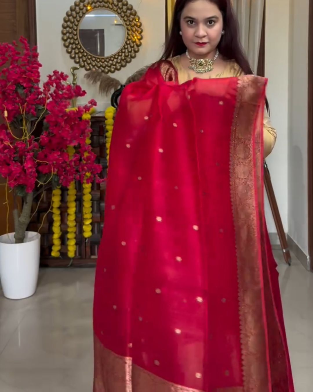 Red Cotton Jari Suit