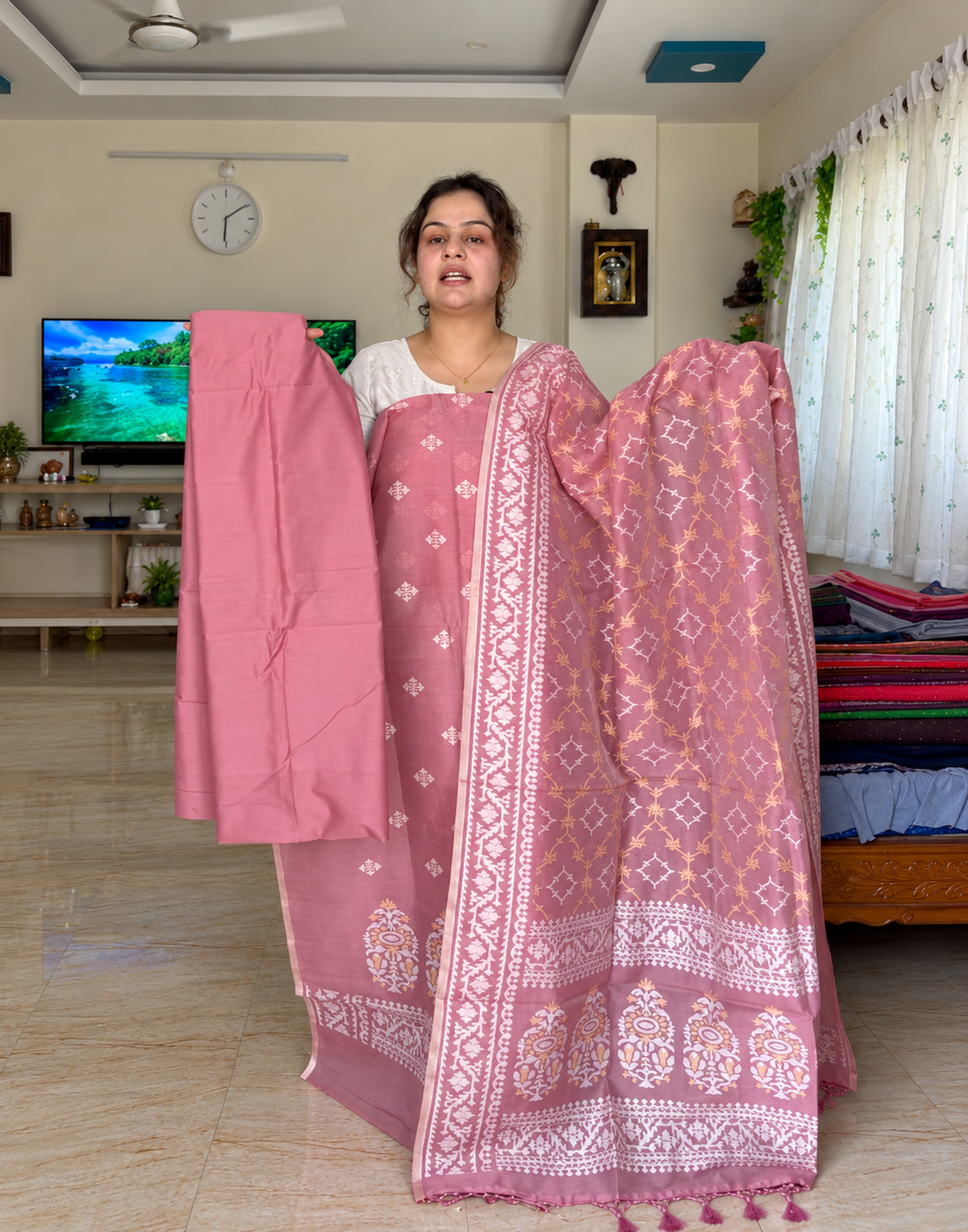 Rojini Pink Weave Jari Suit Set