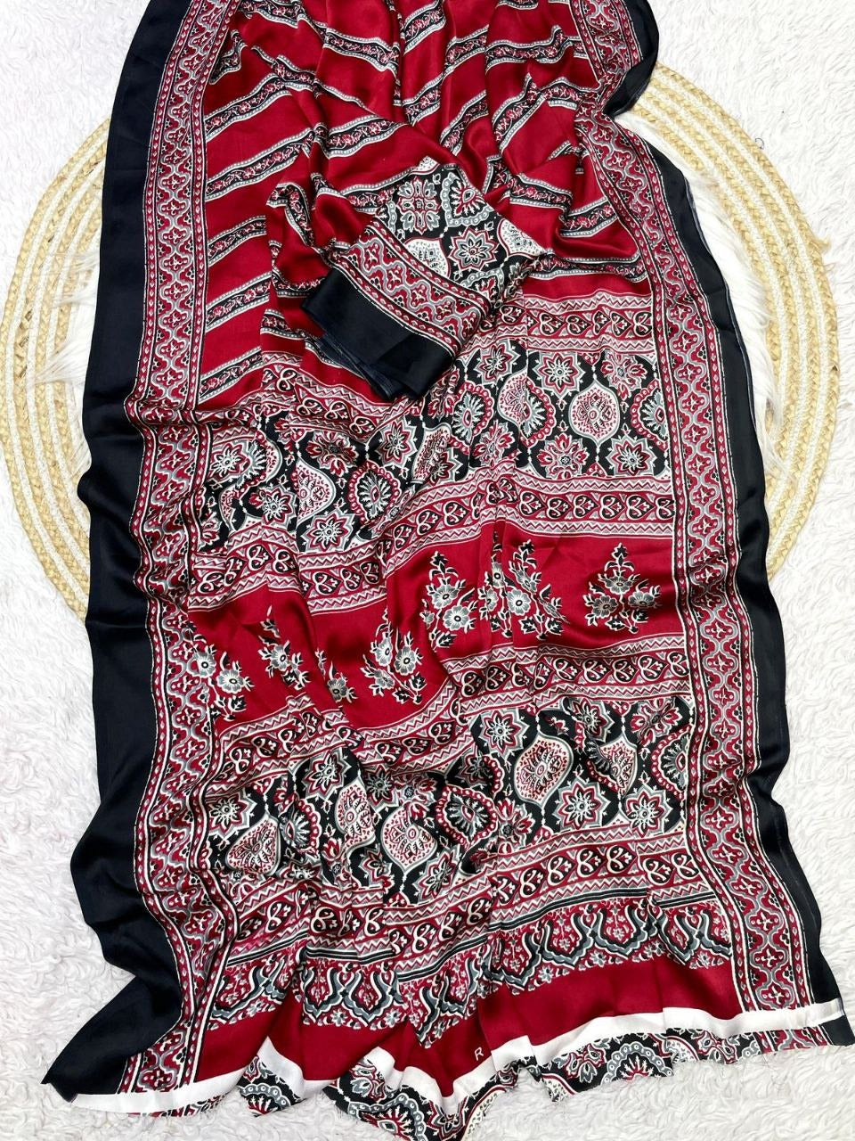 Pure Crepe Satin Ajrak Printed Saree with Rich Pallu