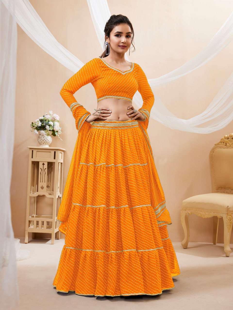Semi-Stitched Georgette Lehenga Set with Blooming Leheriya Print