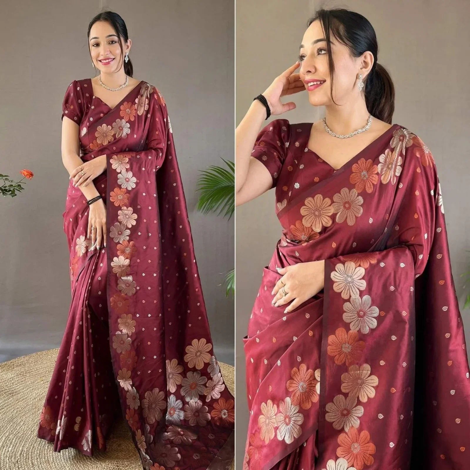 Stunning Soft Lichi Silk Saree With Rich Pallu & Jacquard Blouse