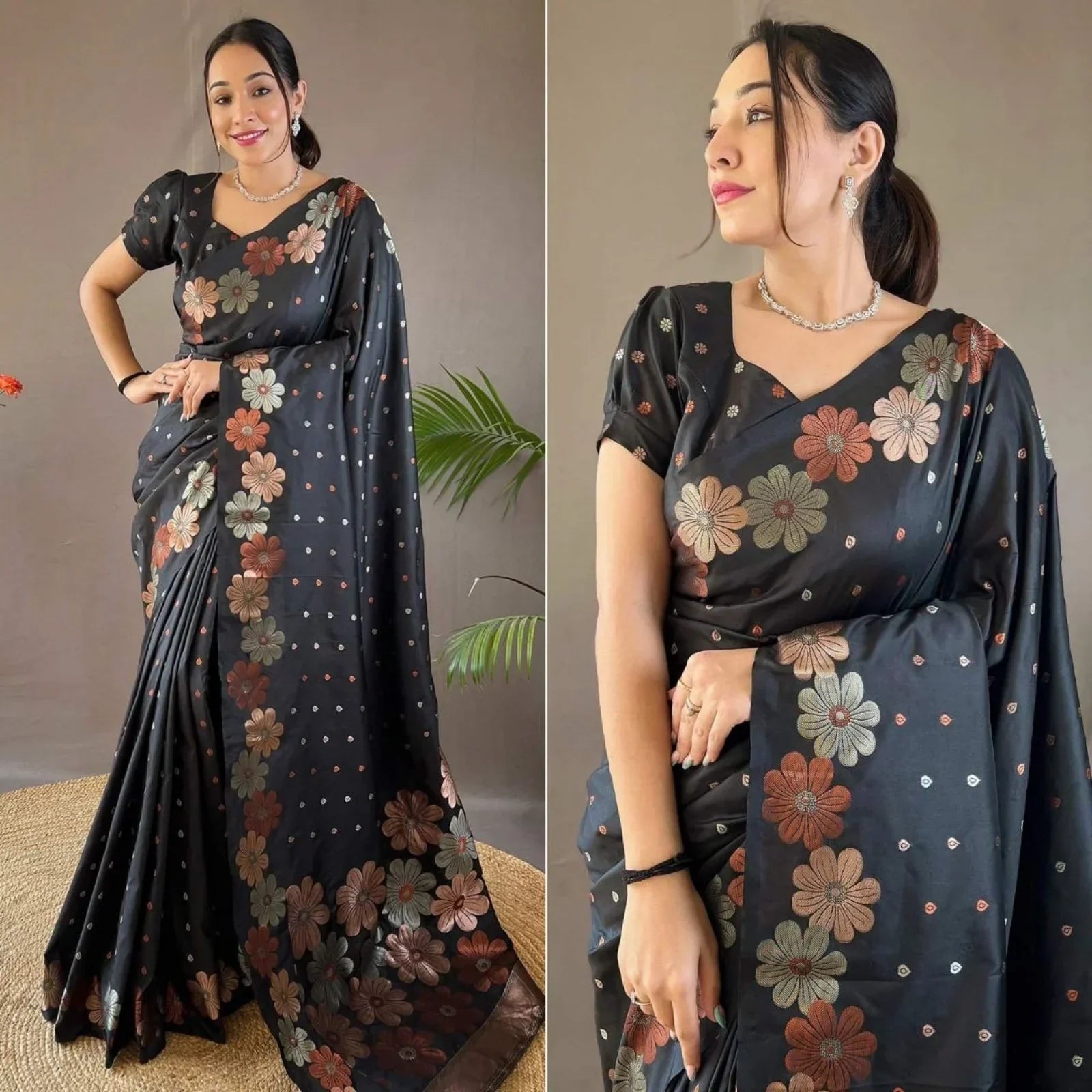 Stunning Soft Lichi Silk Saree With Rich Pallu & Jacquard Blouse