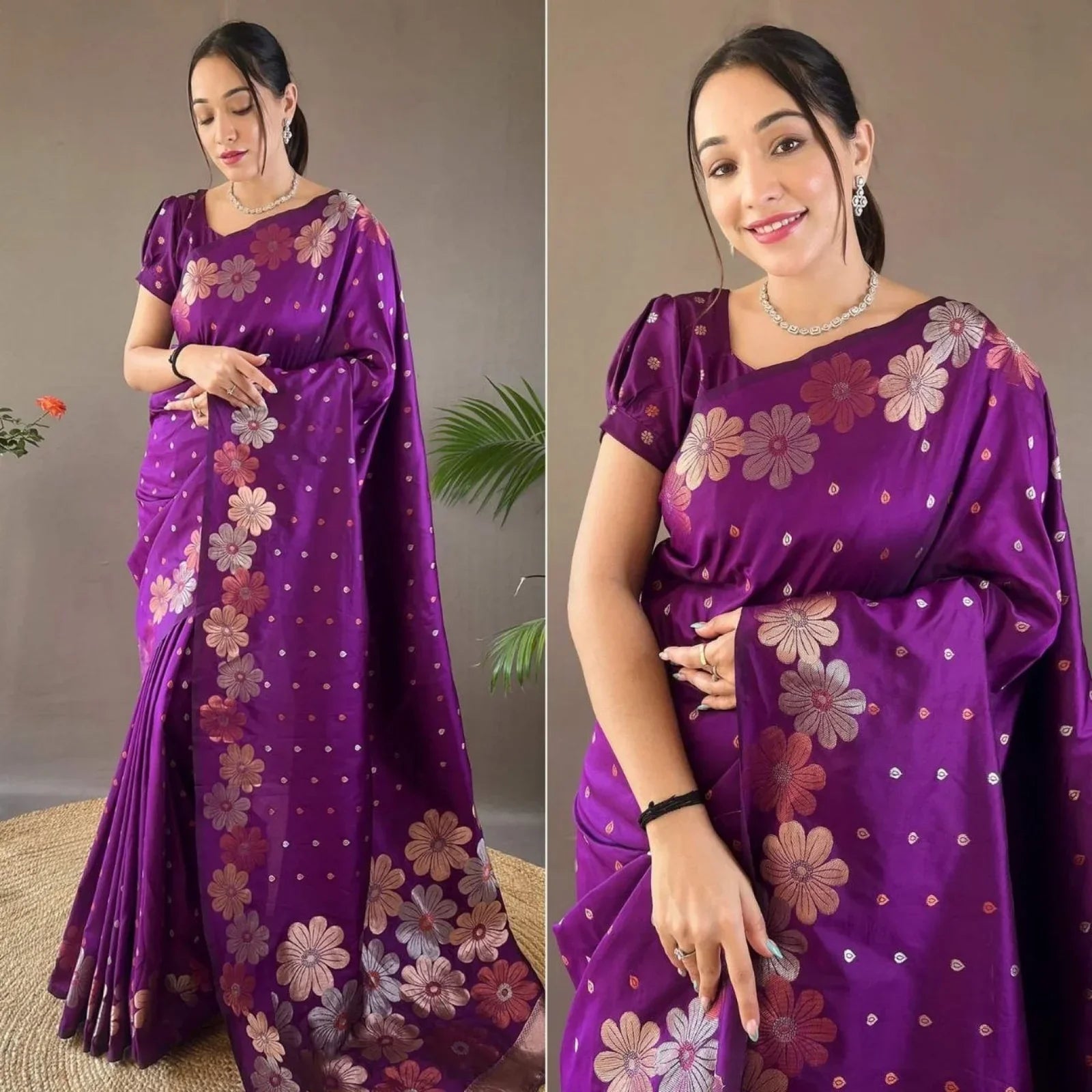 Stunning Soft Lichi Silk Saree With Rich Pallu & Jacquard Blouse